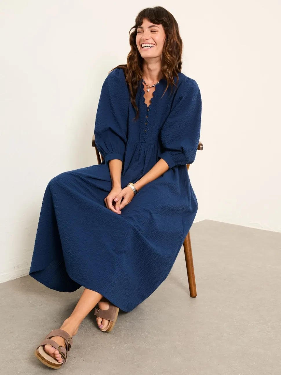 FatFace Ceil Indigo Blue Textured Midi Dress