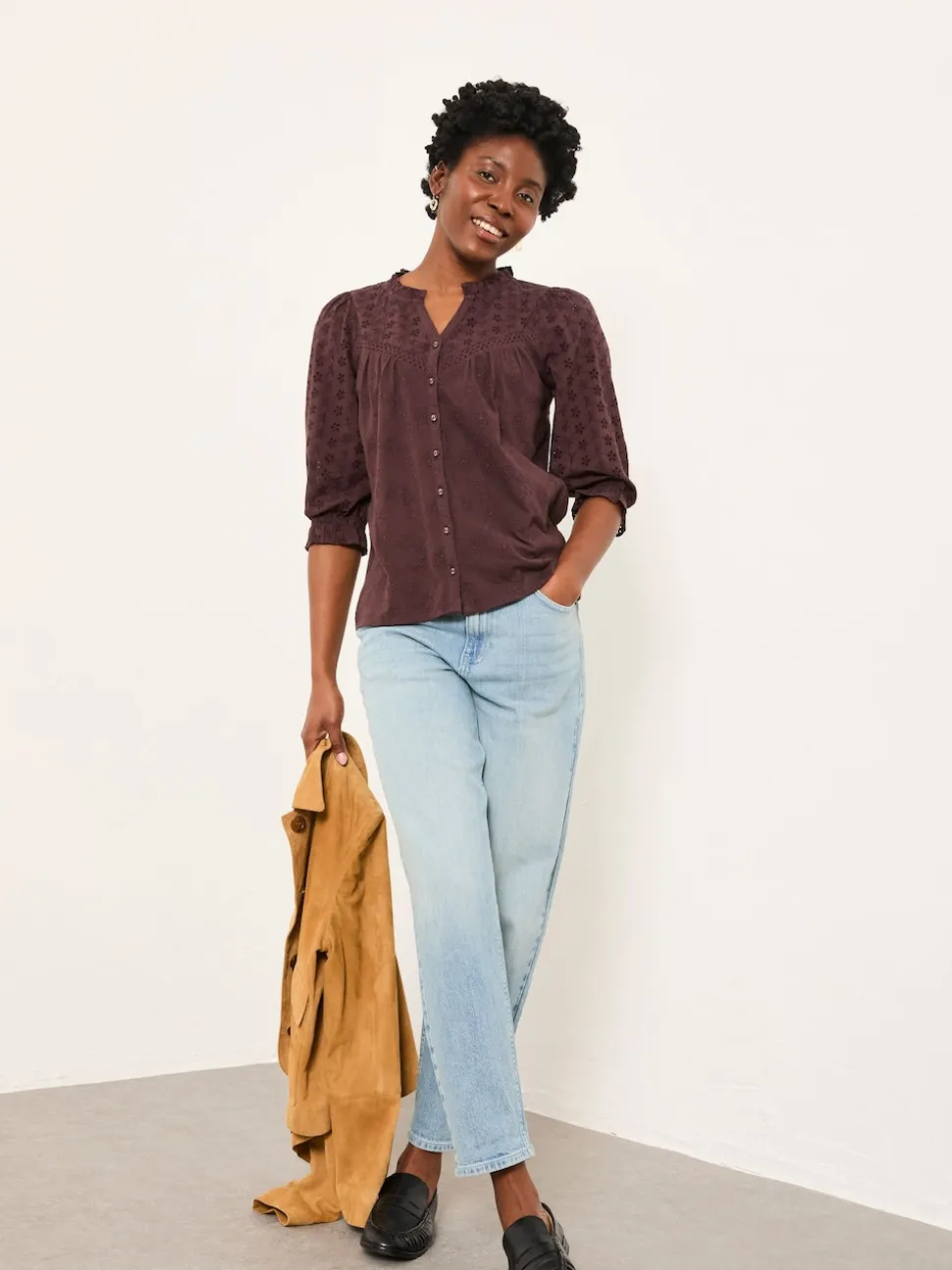 FatFace Claire Chocolate Brown Broderie Top