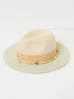 FatFace Green Haze Colour Block Straw Fedora Hat