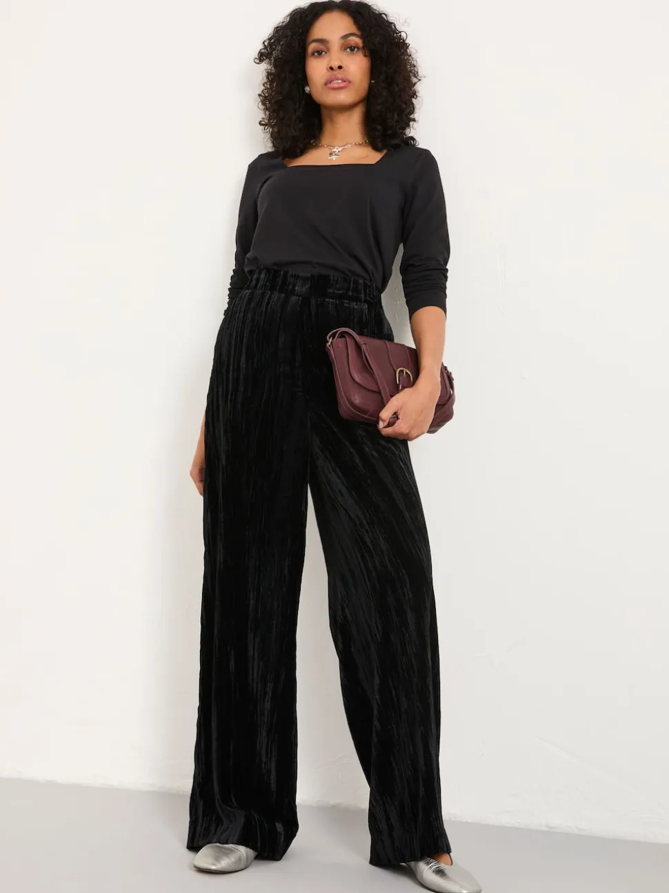 FatFace Hetty Black Wide Leg Crinkle Velvet Trousers