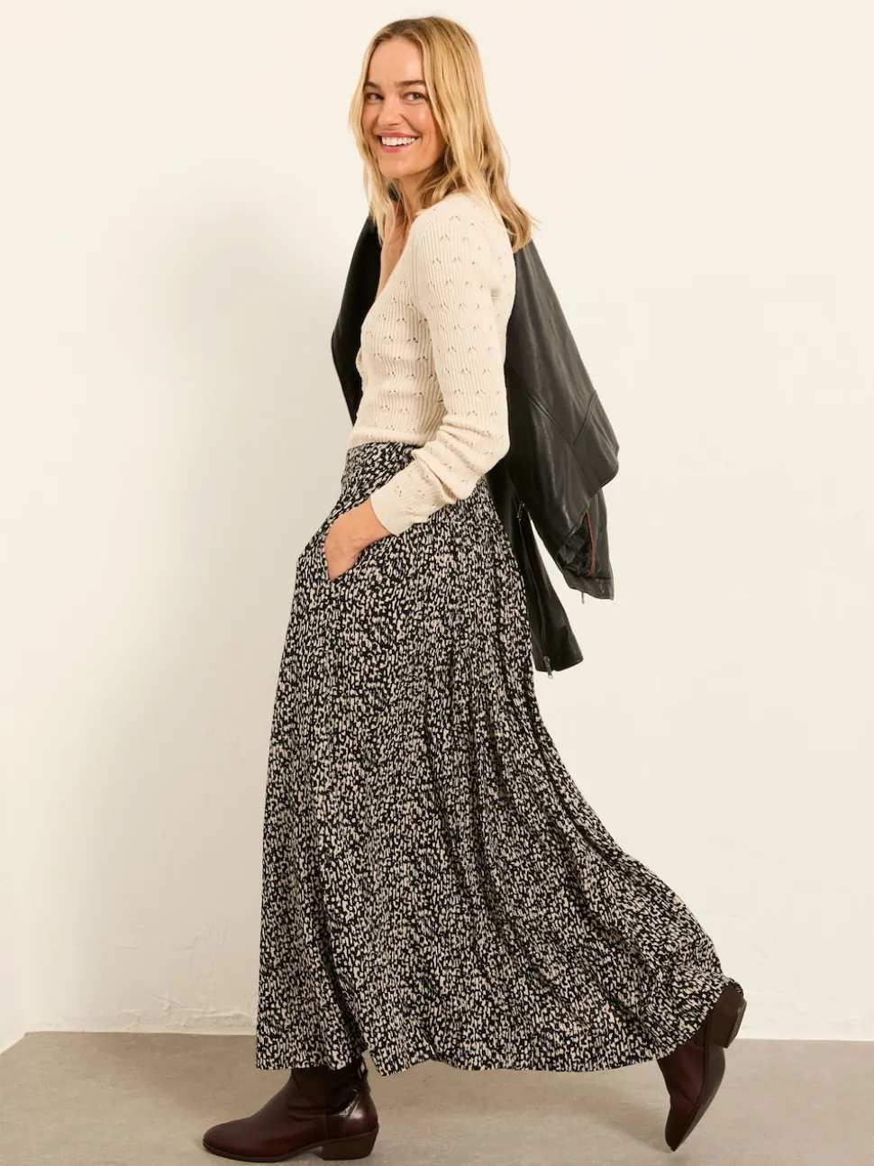 FatFace Issa Black Mono Texture Midi Skirt