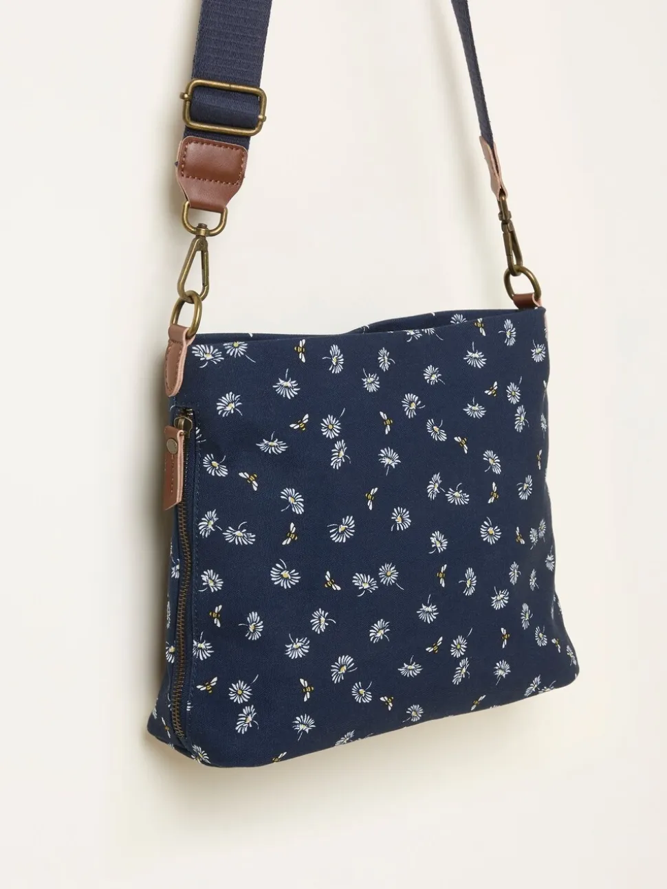 FatFace Kingston Navy Blue Canvas Floral Bee Crossbody Bag