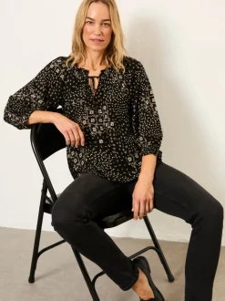 FatFace Kira Black Mono Patchwork Petite Blouse