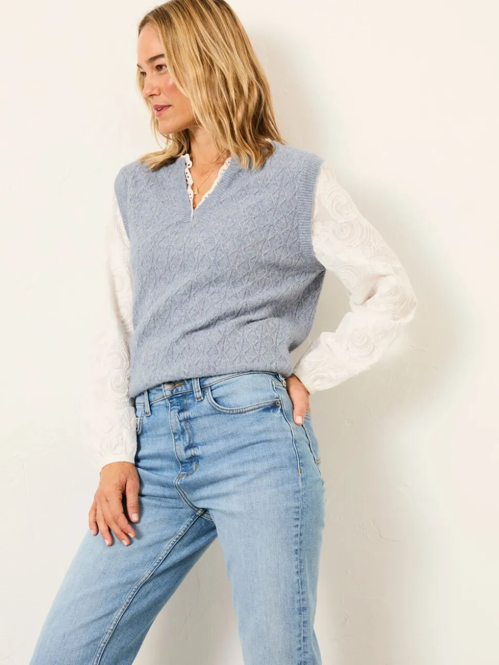 FatFace Leoni Chambray Blue Knitted and Woven 2in1 Top