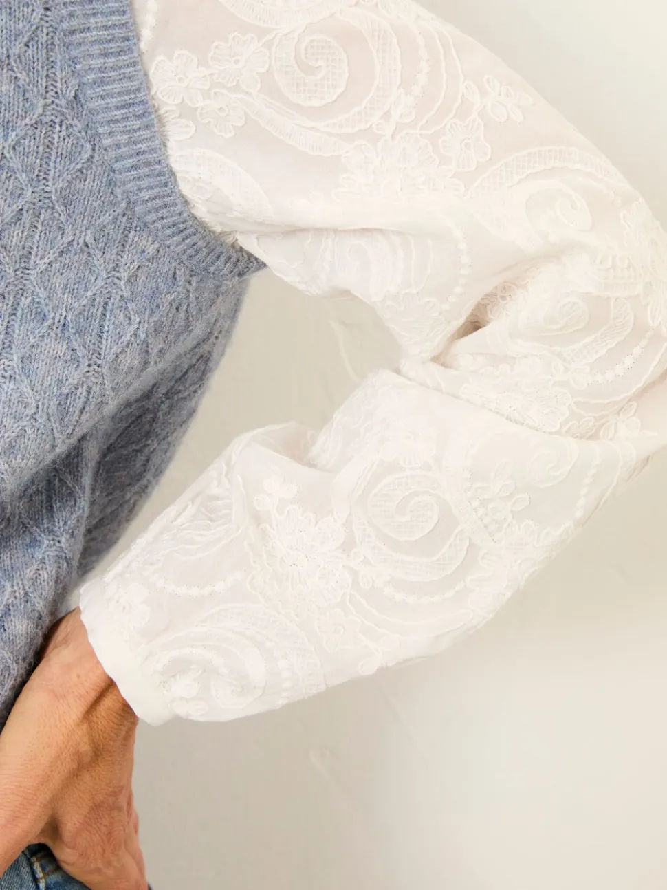 FatFace Leoni Chambray Blue Knitted and Woven 2in1 Top