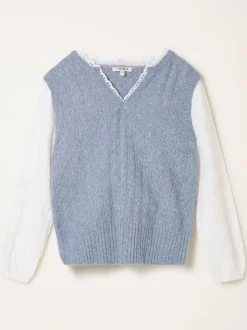 FatFace Leoni Chambray Blue Knitted and Woven 2in1 Top