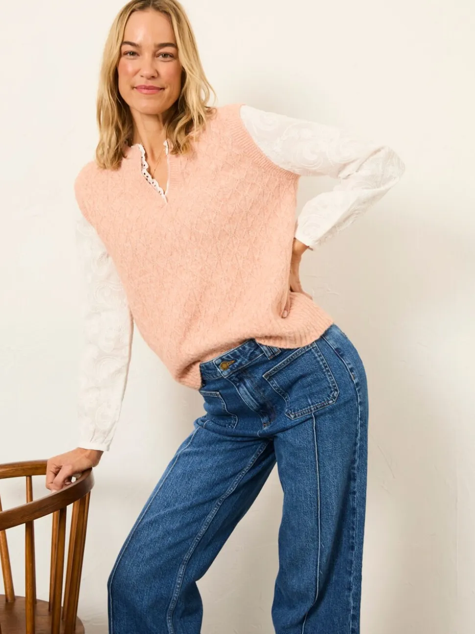 FatFace Leoni Pink Knitted and Woven 2in1 Top