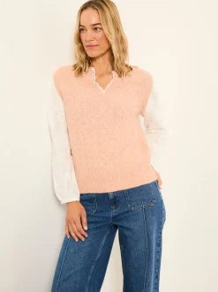 FatFace Leoni Pink Knitted and Woven 2in1 Top