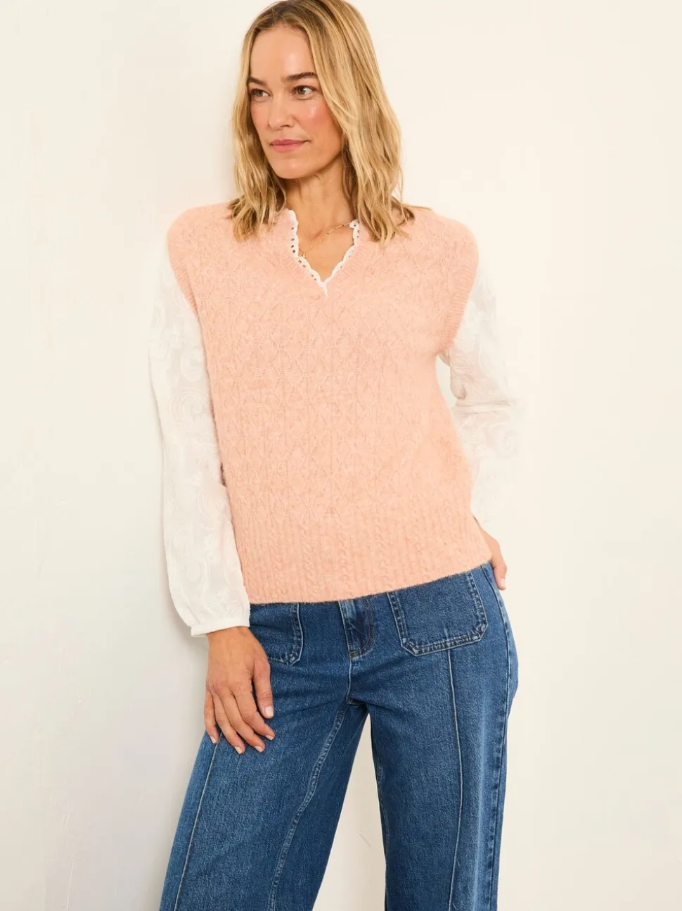 FatFace Leoni Pink Knitted and Woven 2in1 Top