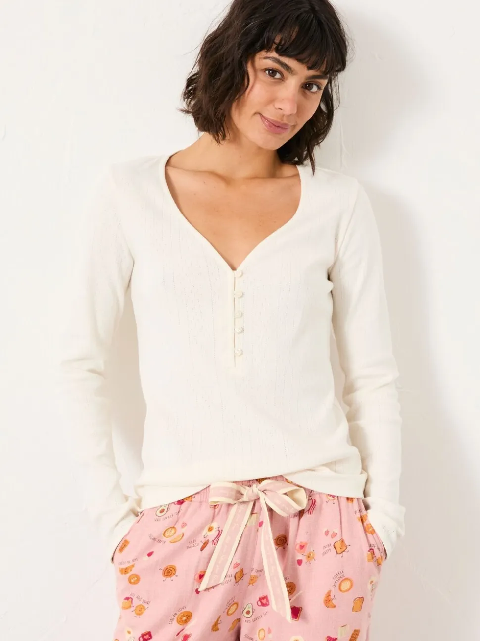 FatFace Lila Ivory Pointelle Henley Top