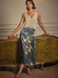 FatFace Lily Dark Navy Printed Satin Bias Skirt