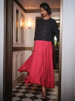 FatFace Malia Red Jacquard Midi Skirt