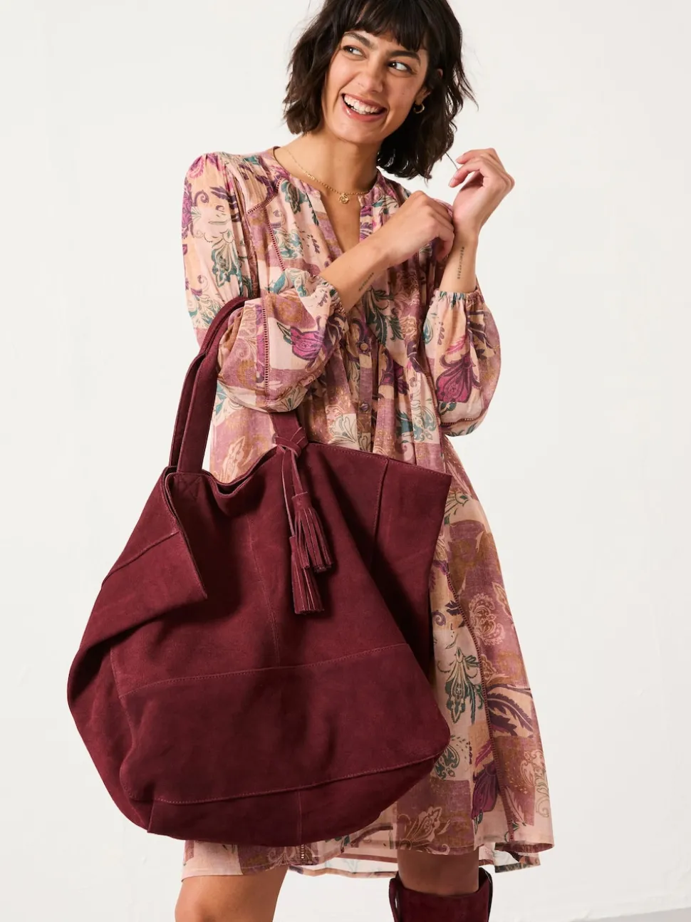 FatFace Margot Burgundy Red Suede Tote Bag