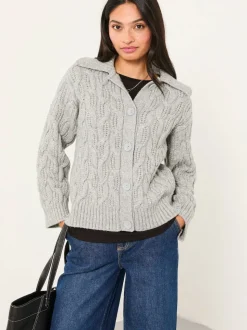 FatFace Mari Light Grey Collared Knitted Cardigan