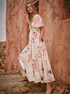 FatFace Marlowe Ivory Gathered Sleeve Printed Maxi Dress