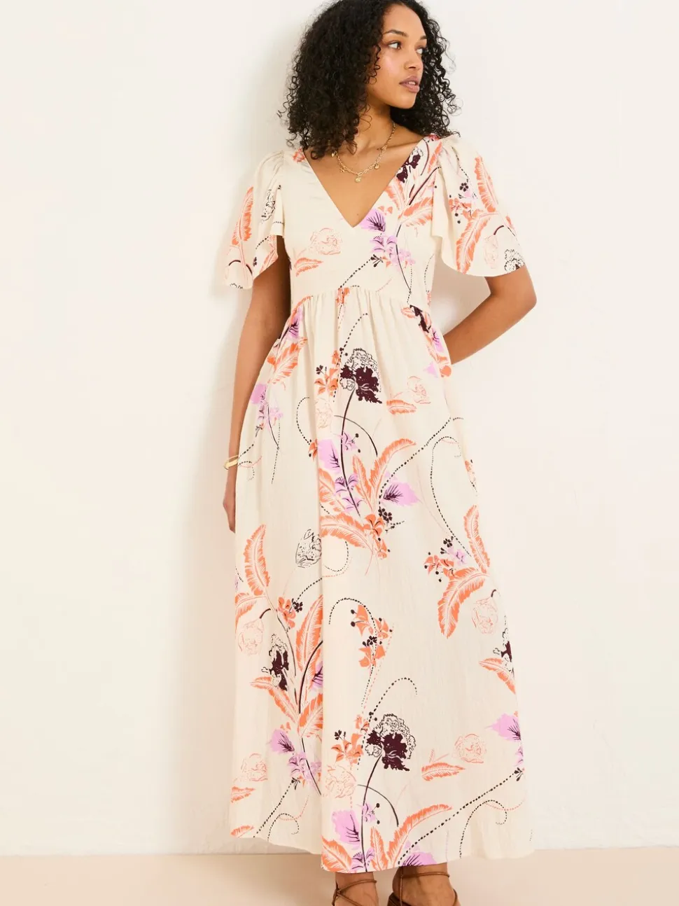 FatFace Marlowe Ivory Gathered Sleeve Printed Maxi Dress