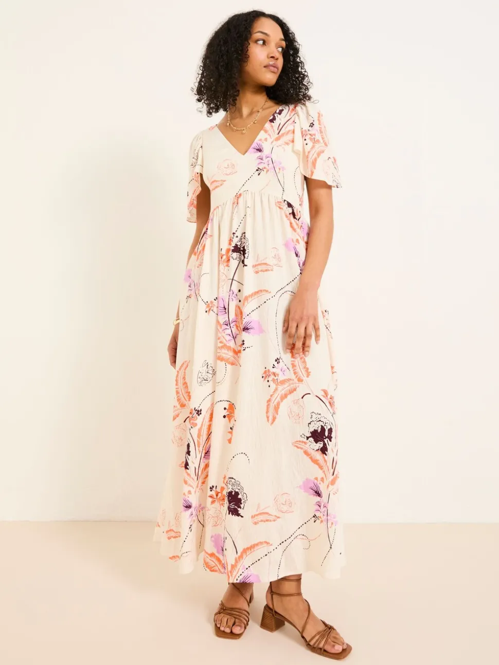 FatFace Marlowe Ivory Gathered Sleeve Printed Maxi Dress