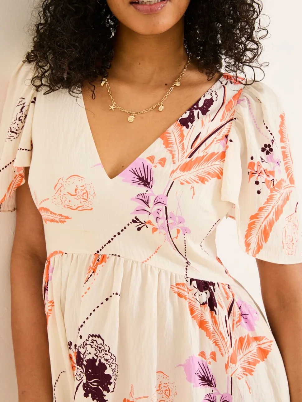 FatFace Marlowe Ivory Gathered Sleeve Printed Maxi Dress