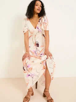 FatFace Marlowe Ivory Gathered Sleeve Printed Maxi Dress