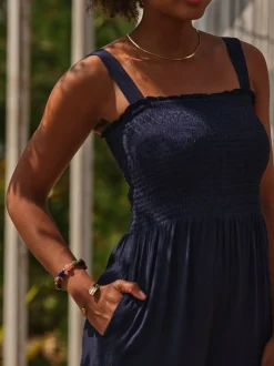 FatFace Navy Beachwear Shirred Jumpsuit