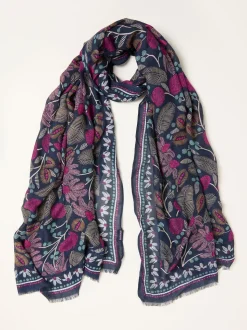 FatFace Navy Blue Leaf Floral Printed Lightweight Scarf