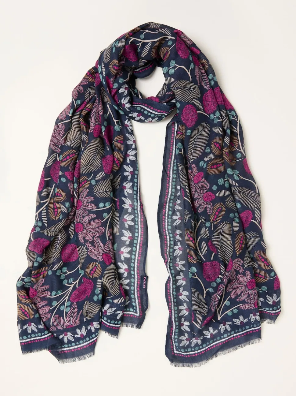 FatFace Navy Blue Leaf Floral Printed Lightweight Scarf