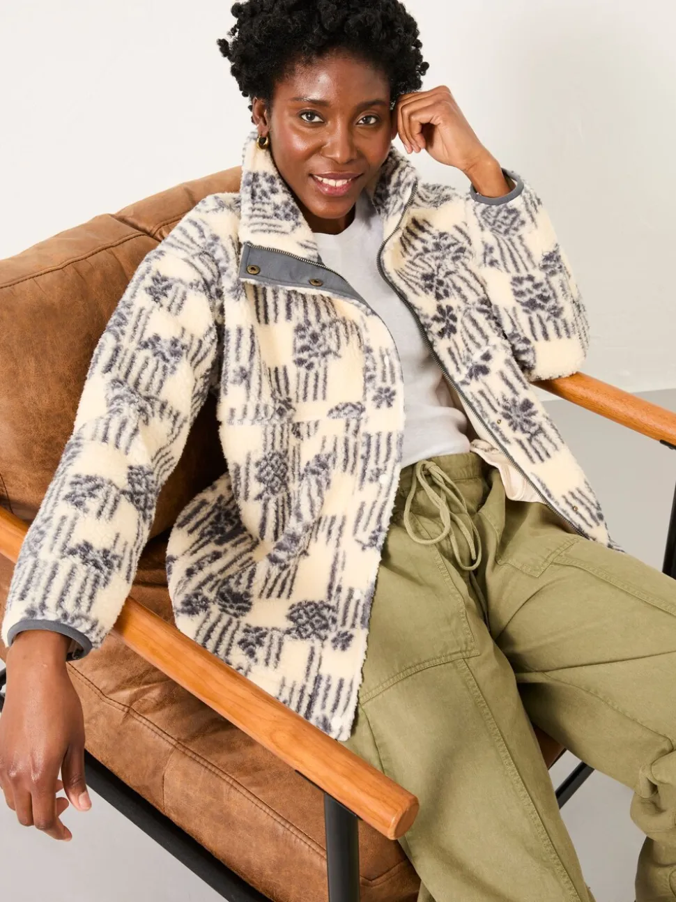 FatFace Rosie Ivory Papercut Floral Zip Through Fleece