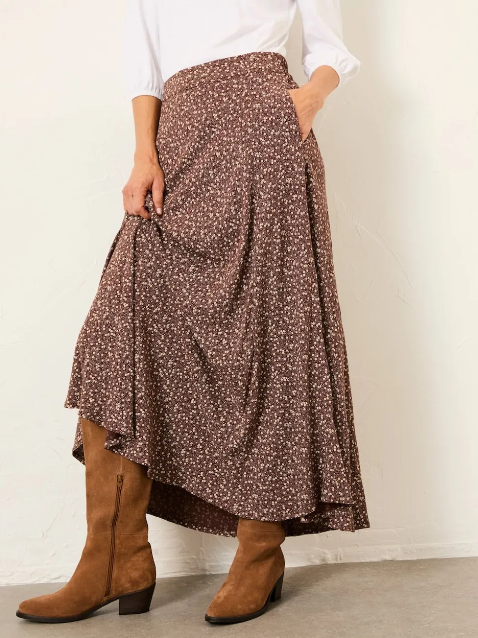 FatFace Sadie Brown Ditsy Midi Skirt