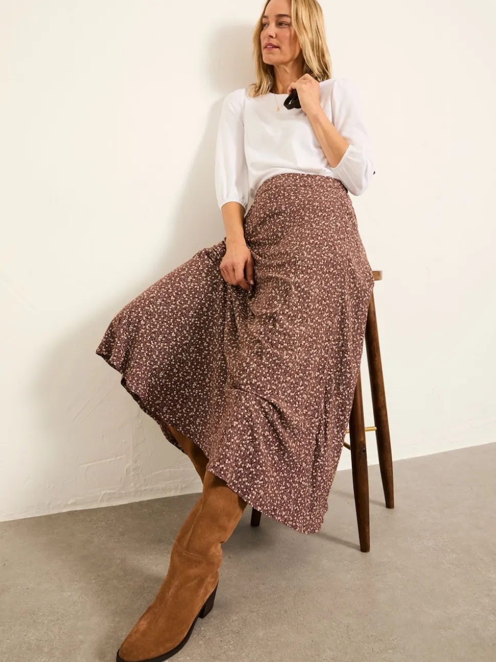 FatFace Sadie Brown Ditsy Midi Skirt