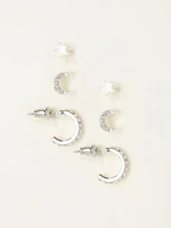 FatFace Silver Tone Star and Moon Multi Pack Earrings