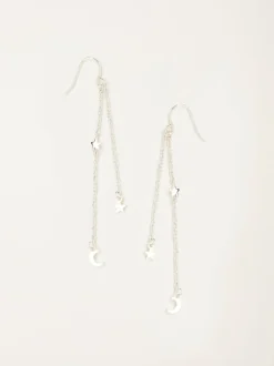 FatFace Silver Tone Star and Moon Chain Earrings