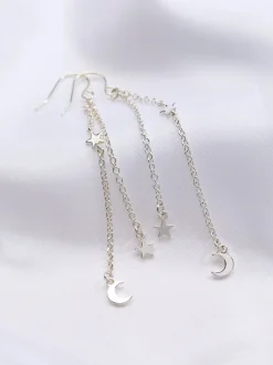 FatFace Silver Tone Star and Moon Chain Earrings
