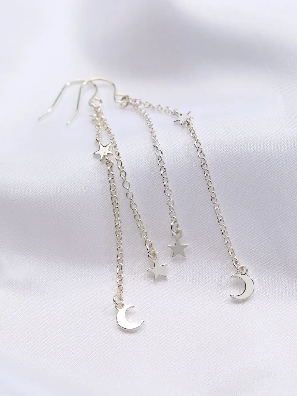 FatFace Silver Tone Star and Moon Chain Earrings