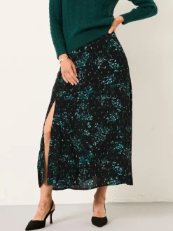 FatFace Skye Black Winter Meadow Midi Skirt