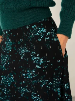 FatFace Skye Black Winter Meadow Midi Skirt