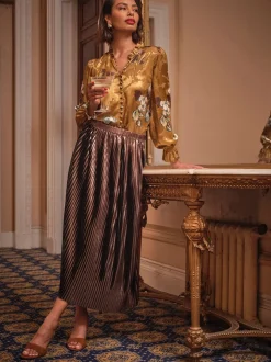 FatFace Talia Bronze Metallic Pleated Midi Skirt