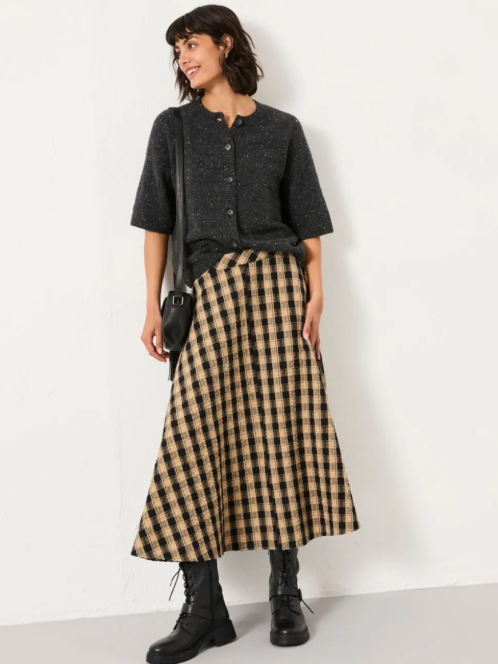 FatFace Tilda Black Check Midi Skirt