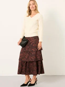 FatFace Tonia Black Circle Floral Midi Skirt