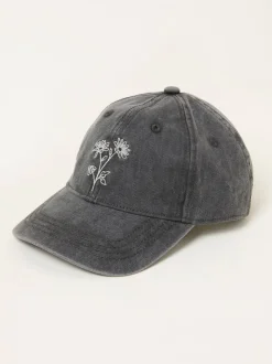 FatFace Washed Black Embroidered Daisy Cap