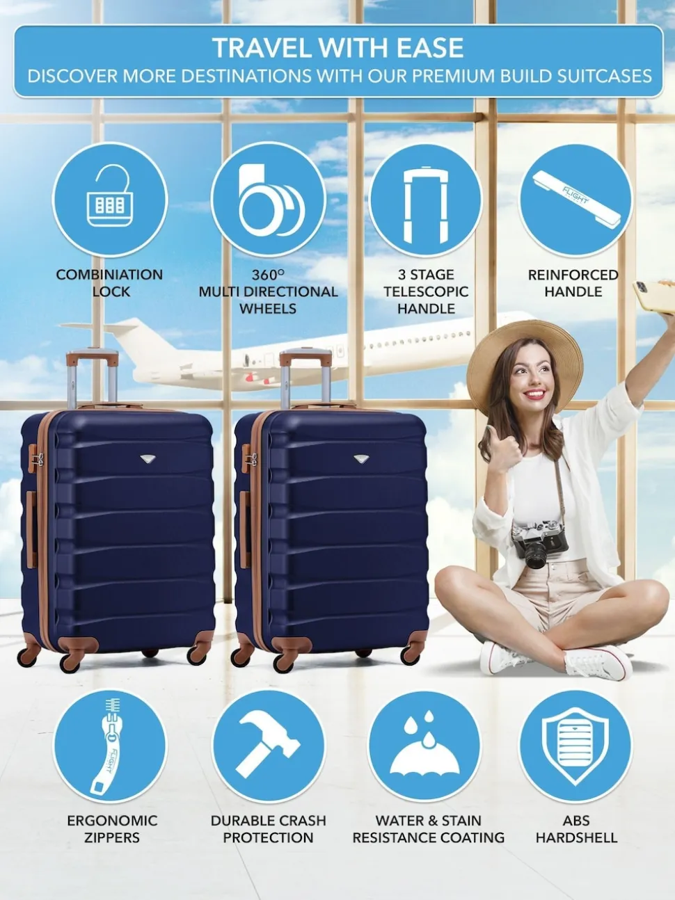 Flight Knight Medium Blue Check In Hold Luggage Hardcase Travel Suitcases Set Of 2