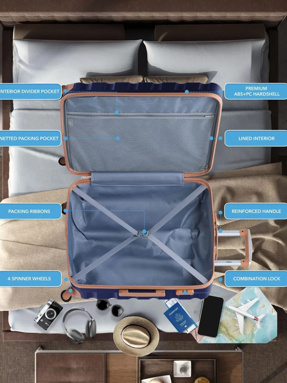 Flight Knight Medium Blue Check In Hold Luggage Hardcase Travel Suitcases Set Of 2