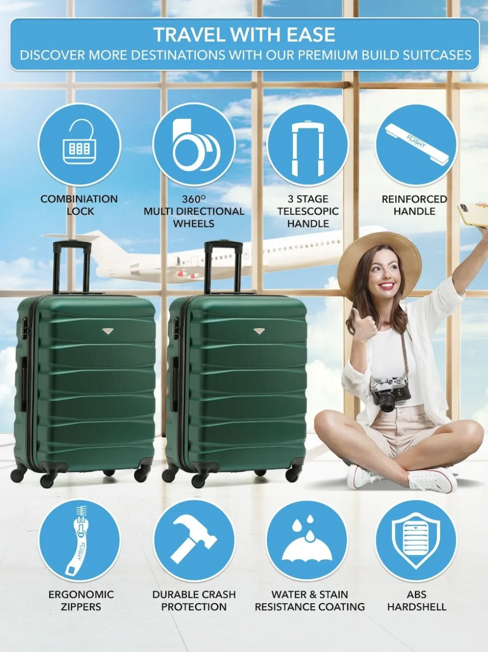 Flight Knight Medium Green Check In Hold Luggage Hardcase Travel Suitcases Set Of 2