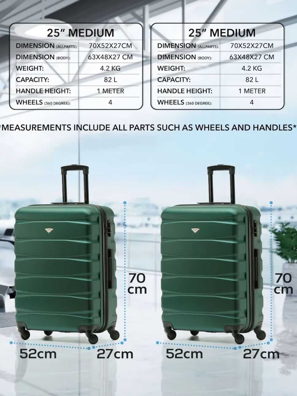 Flight Knight Medium Green Check In Hold Luggage Hardcase Travel Suitcases Set Of 2