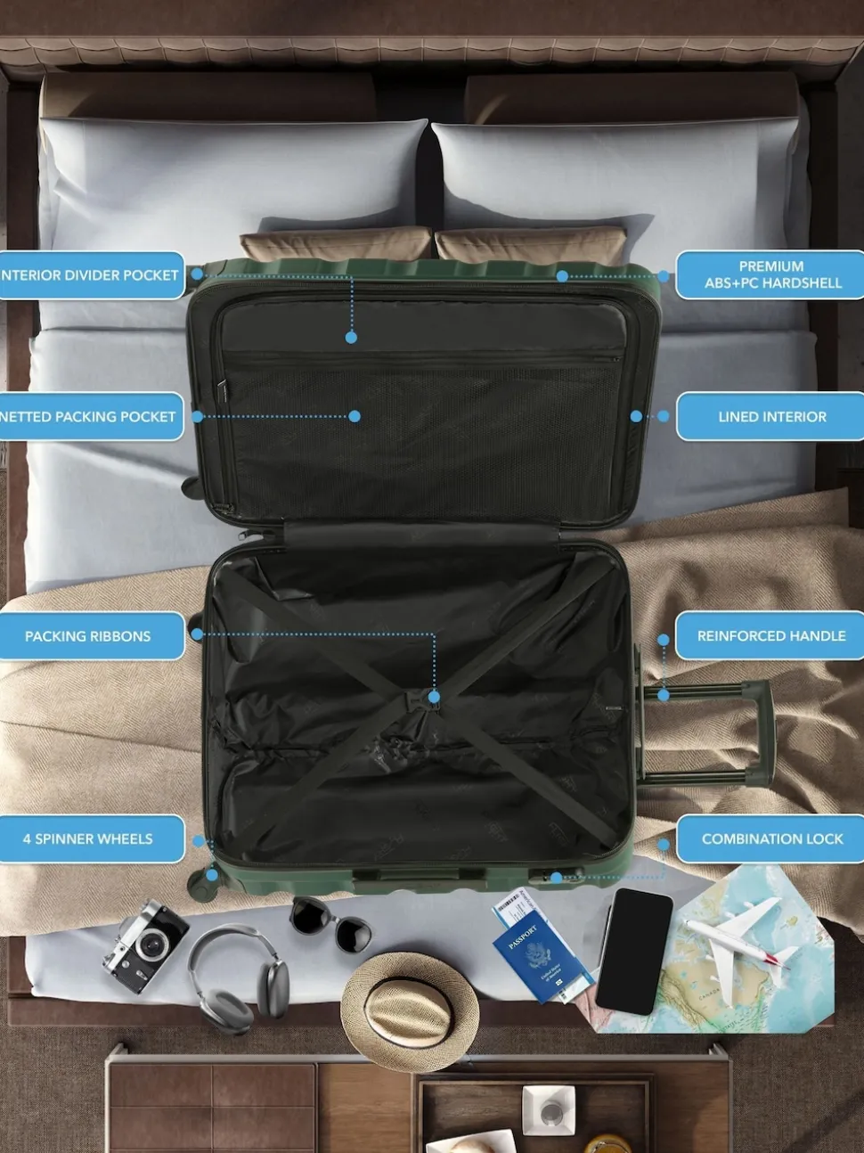 Flight Knight Medium Green Check In & Small Carry On Hardcase Travel Suitcases Set Of 2