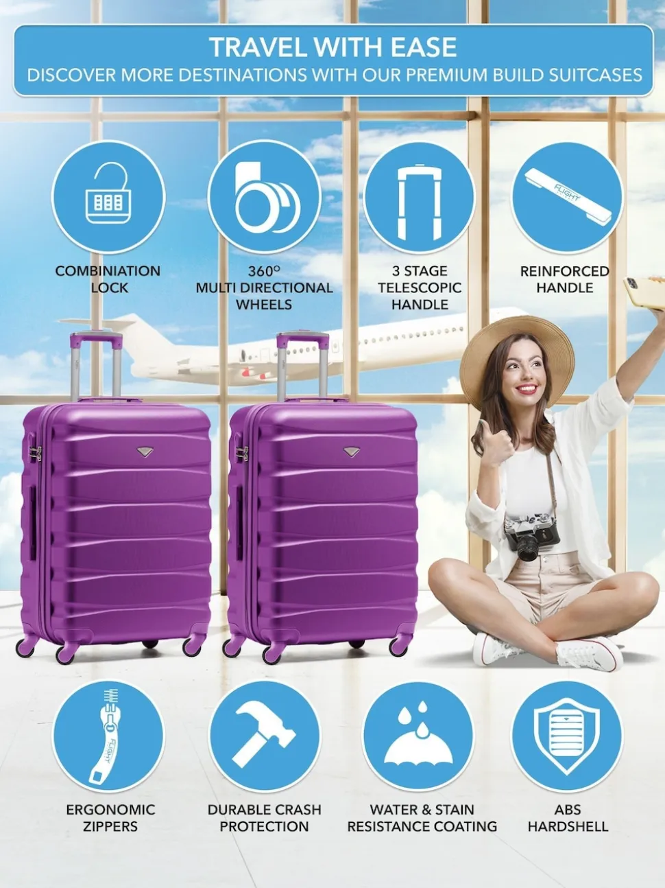 Flight Knight Purple Set of 2 Medium Check-In Hold Luggage Hardcase Travel Suitcases