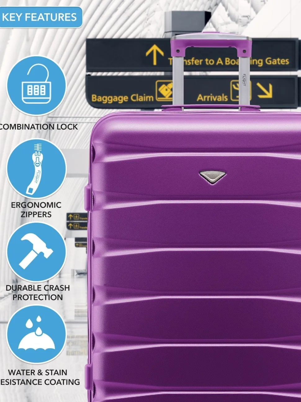 Flight Knight Purple Set of 2 Medium Check-In Hold Luggage Hardcase Travel Suitcases
