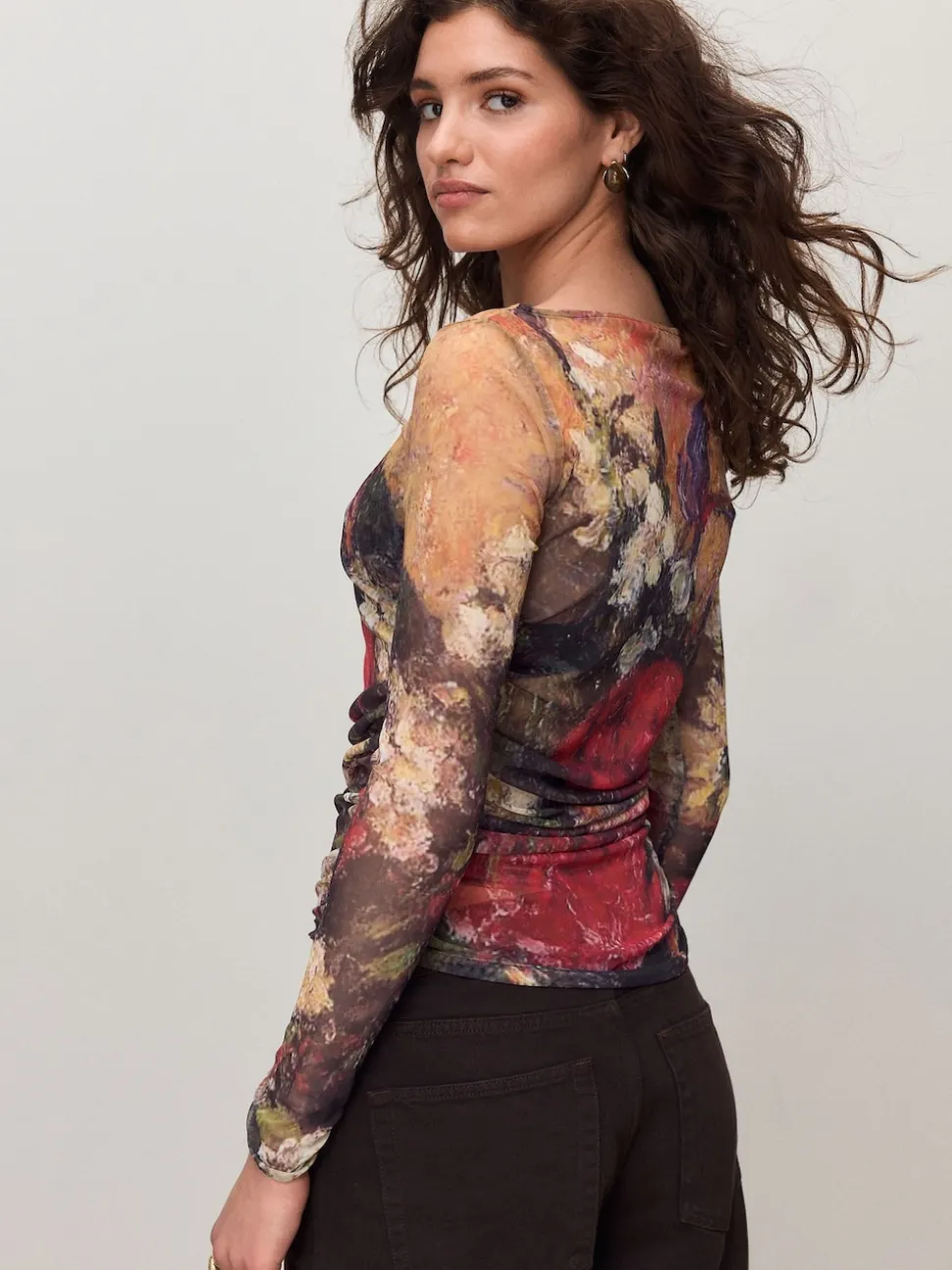 Floral Lindsey Cherek Waller Placement Mesh Long Sleeve Top