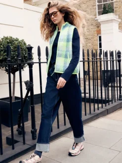 Fluro Green/Blue Check Zip-Up Knitted Brushed Gilet