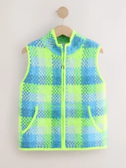 Fluro Green/Blue Check Zip-Up Knitted Brushed Gilet
