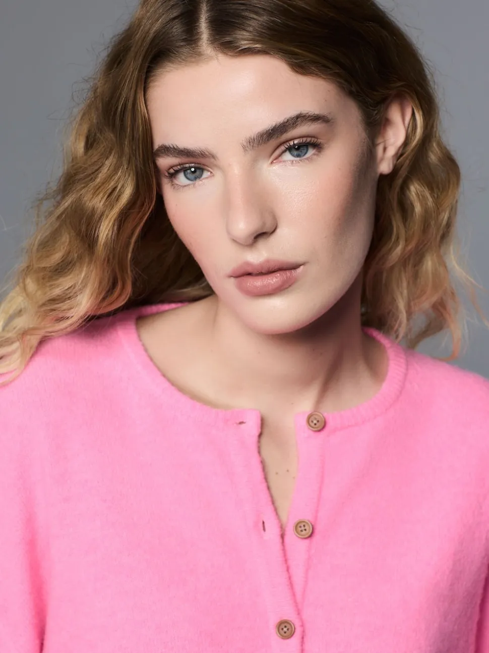 Fluro Pink Crew Neck Knitted Cardigan With Wool